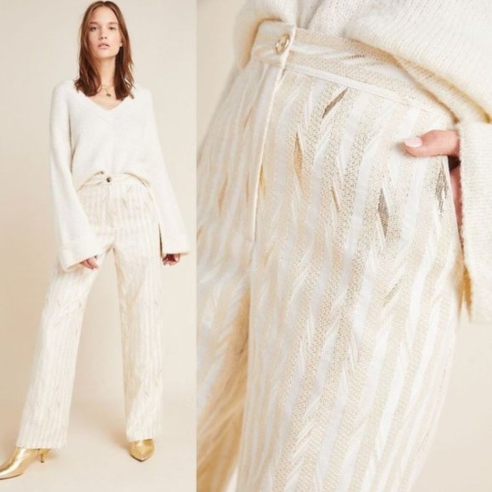 Anthropologie Cream & Gold Wide-Leg Pants